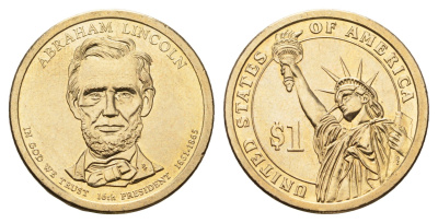 США 1 доллар 2010 P, Президент США - Авраам Линкольн (1861-1865) KM 478 медь с марганцево-латунным покрытием UNC 4624-612