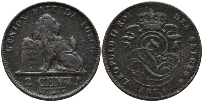 БЕЛЬГИЯ 2 САНТИМА 1874 BELGES KM 35.1 медь 95-657