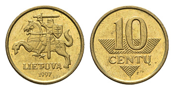 Литва 10 центов (сентов) 1997 KM 106 никель латунь UNC 4689-1111