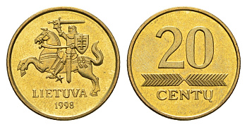 Литва 20 центов (сентов) 1998 KM 107 никель латунь UNC 4689-1137