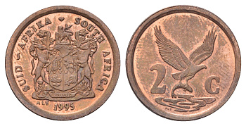 ЮАР 2 цента 1995 орел с рыбой KM 133 сталь плакированная медью UNC 4696-943