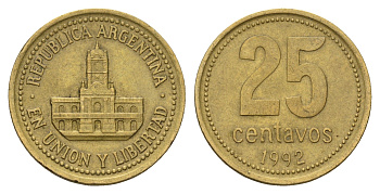 Аргентина 25 сентаво 1992 ратуша Буэнос-Айреса KM 110.1 алюминиевая бронза 4575-355
