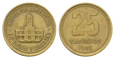 Аргентина 25 сентаво 1992 ратуша Буэнос-Айреса KM 110.1 алюминиевая бронза 4575-355