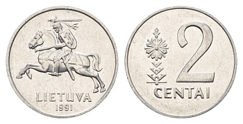 Литва 2 цента (сента) 1991 год-тип KM 86 алюминий UNC 4689-1036