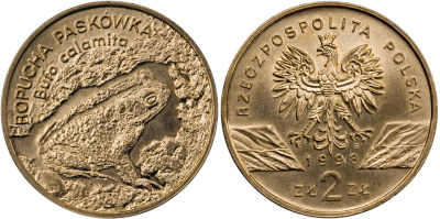 Польша 2 злотых 1998 MW, серия сохраним природу, камышовая жаба KM 340 нордик  UNC  1526-231