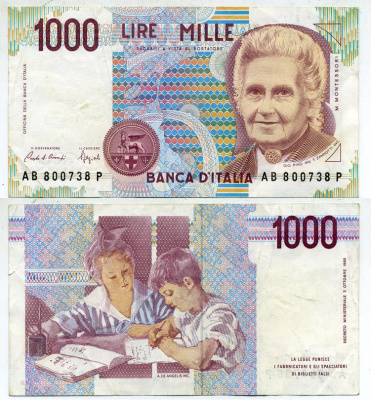Италия 1000 лир 1990 Мария Монтессори Pick 114а бумага 7484-17-3-1