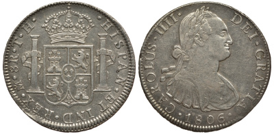 Мексика 8 реалов 1806 TH, Mo, монетный двор Мехико, Карл IV Испанский (1788-1808) состояние KM 109 серебро 00-811-38