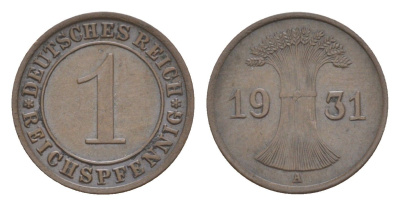 Германия 1 рейхспфенниг 1931 A KM 37, J. 313 бронза 4644-1044
