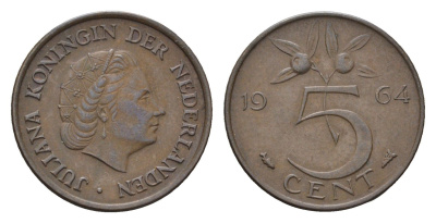 Нидерланды 5 центов 1964 Юлиана (1948-1980) KM 181 бронза 4685-123