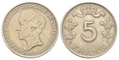Люксембург 5 франков 1949 год-тип, Шарлотта (1918-1964) KM 50 медно-никель 4646-1257