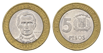 Доминиканская Республика (Доминикана) 5 песо 2007 KM 89 биметалл 4700-1121