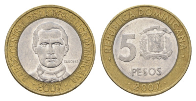 Доминиканская Республика (Доминикана) 5 песо 2007 KM 89 биметалл 4700-1121