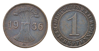 Германия 1 рейхспфенниг 1936 A KM 37, J. 313 бронза 4685-421
