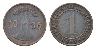 Германия 1 рейхспфенниг 1936 A KM 37, J. 313 бронза 4685-421
