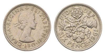 Великобритания 6 пенсов 1961 Елизавета II (1952-2022) KM 903, Spink 4149 медно-никель 4696-827