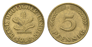 ФРГ 5 пфеннигов 1949 J KM 102, J. 377 сталь плакированная латунью 4685-411
