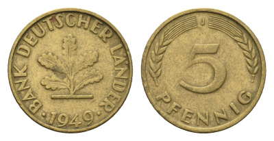 ФРГ 5 пфеннигов 1949 J KM 102, J. 377 сталь плакированная латунью 4685-411