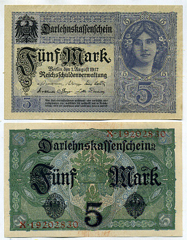 Германия 5 марок 1917 8 значный номер, серия X Pick 56 b бумага UNC (пресс) 448-151-2