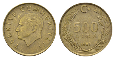 Турция 500 лир 1989 Кемаль Ататюрк KM 989 алюминиевая бронза 4395-226