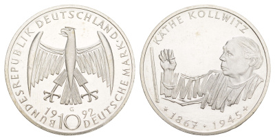 ФРГ 10 марок 1992 G, 125 лет со дня рождения Кете Кольвиц KM 178 серебро UNC 4634-1021