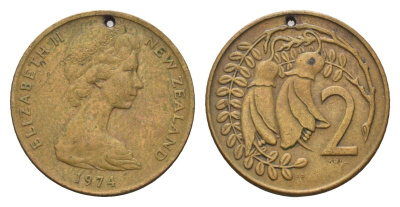 Новая Зеландия 2 цента 1974 Елизавета II (1952-2022), два цветка кохаи KM 32 бронза 4685-868