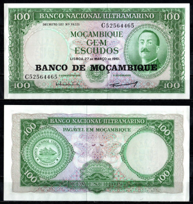 Мозамбик 100 эскудо 1961 (1976) надпечатка Pick 117 бумага 7485-1-3-1