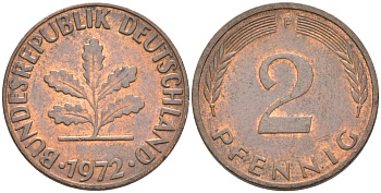 ФРГ 2 пфеннига 1972 F KM 106а сталь плакированная бронзой 4567-353