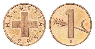 Швейцария 1 раппен 1995 B KM 46 бронза UNC 4708-319
