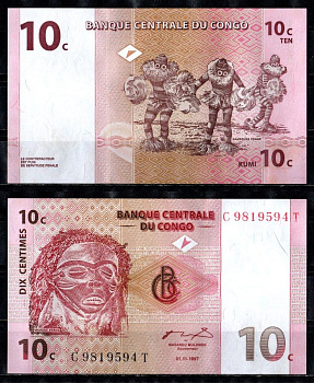 ДР Конго 10 сантимов 1997 Pick 82 бумага UNC (пресс) 449-108-2