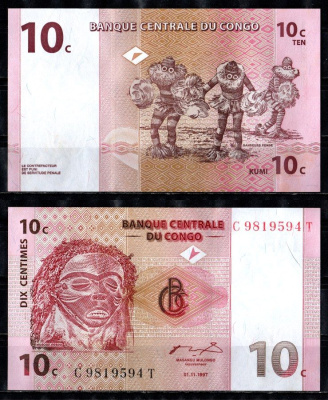 ДР Конго 10 сантимов 1997 Pick 82 бумага UNC (пресс) 449-108-2
