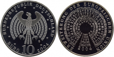 ФРГ 10 евро 2004 G, расширение Евросоюза KM 231, DE.S 10.14 серебро PROOF 01-166-15
