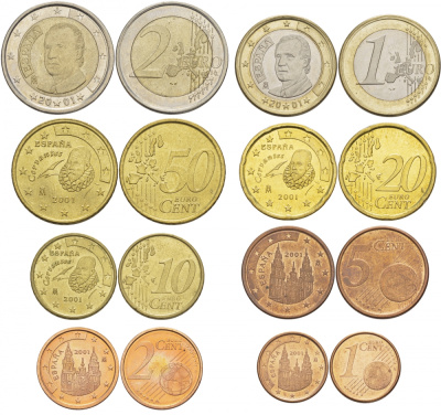 Испания полный евронабор из 8 монет 2001 1, 2, 5, 10, 20, 50 евроцентов, 1 и 2 евро KM 1040, 1041, 1042, 1070, 1071, 1072, 1073, 1074 4686-131-138