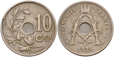 Бельгия 10 сантимов 1924 Король Альберт I (1910 - 1934) KM 86 медно-никель 190-622