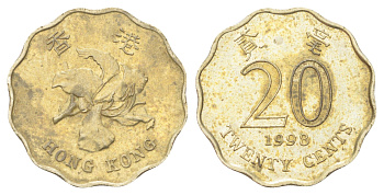 Гонконг 20 центов 1998 KM 67 никель латунь 4701-249