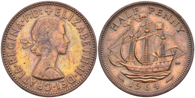 Великобритания 1/2 пенни 1964 Елизавета II (1952-2022) KM 896, Spink 4158 бронза 4591-1042