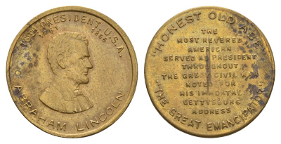 США медаль в честь Авраама Линкольна, 16-го президента США (1861-1865) XX век диаметр 25 мм, вес 5,4 гр латунь 4128-1053