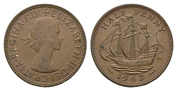 Великобритания 1/2 пенни 1962 Елизавета II (1952-2022) KM 896, Spink 4158 бронза 92-236
