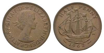 Великобритания 1/2 пенни 1962 Елизавета II (1952-2022) KM 896, Spink 4158 бронза 92-236