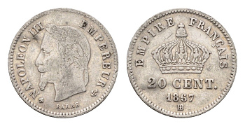Франция 20 сантимов 1867 BB, Наполеон III (1852-1870) KM 808.2 серебро 4169-754