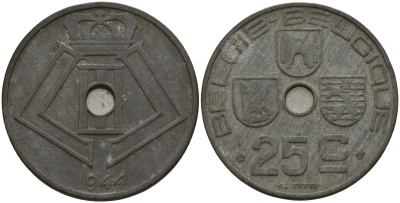 Бельгия 25 сантимов 1944 Belgie - Belgique, Леопольд III (1934-1947), германская оккупация, Вторая мировая война KM 132 цинк 4157-631