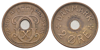 Дания 2 эре 1936 N, Кристиан X (1912-1947) KM 827 бронза 4701-836