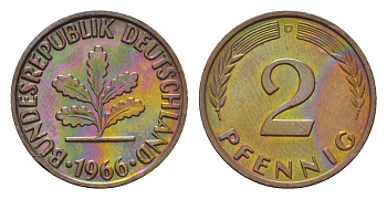 ФРГ 2 пфеннига 1966 D KM 106, J. 381 бронза 4549-844