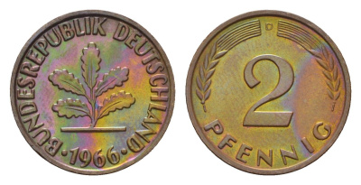ФРГ 2 пфеннига 1966 D KM 106, J. 381 бронза 4549-844