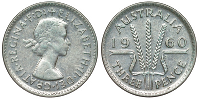 Австралия 3 пенса 1960 m, Елизавета II (1953-) KM 57 серебро 71-654