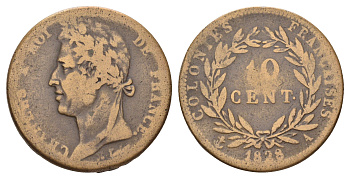Французский Индокитай 10 сантимов 1828 Французские колонии, A, Карл X (1824-1830) KM 11 бронза 413-6515