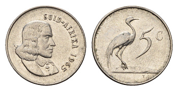 ЮАР 5 центов 1965 Ян ван Рибек (1619-1677), Suid Africa, легенда на африкаанс, райский журавль KM 67.2 медно-никель 4694-414