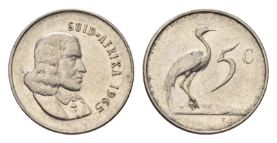 ЮАР 5 центов 1965 Ян ван Рибек (1619-1677), Suid Africa, легенда на африкаанс, райский журавль KM 67.2 медно-никель 4694-414