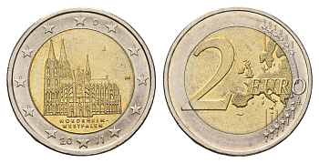 Германия 2 евро 2011 J, серия федеральные земли, Северный Рейн-Вестфалия, Кельнский собор KM 293 биметалл aUNC 4693-1056