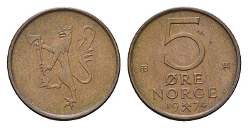 Норвегия 5 эре 1974 Улаф V (1957-1991) KM 415 бронза 4684-1227