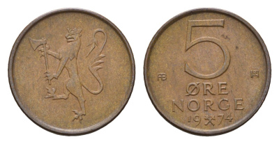 Норвегия 5 эре 1974 Улаф V (1957-1991) KM 415 бронза 4684-1227